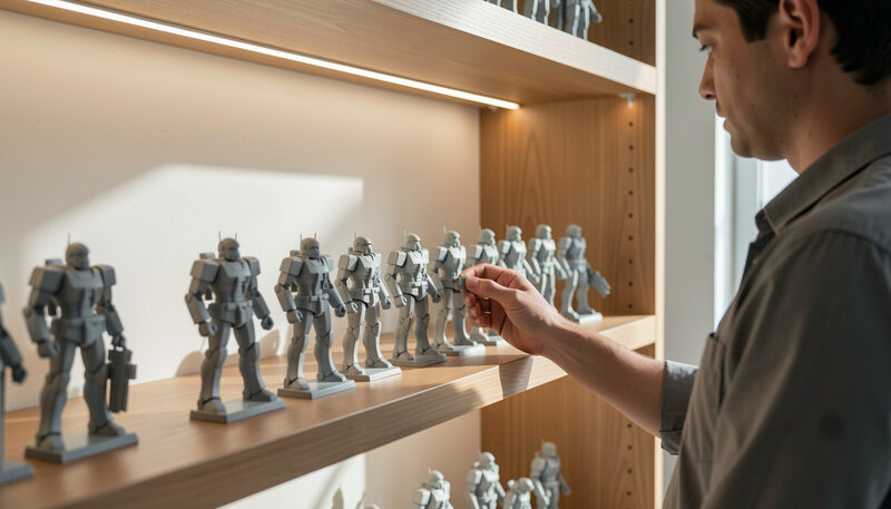 Collezionista che sistema modellini di robot grigi di varie dimensioni su scaffali di legno illuminati