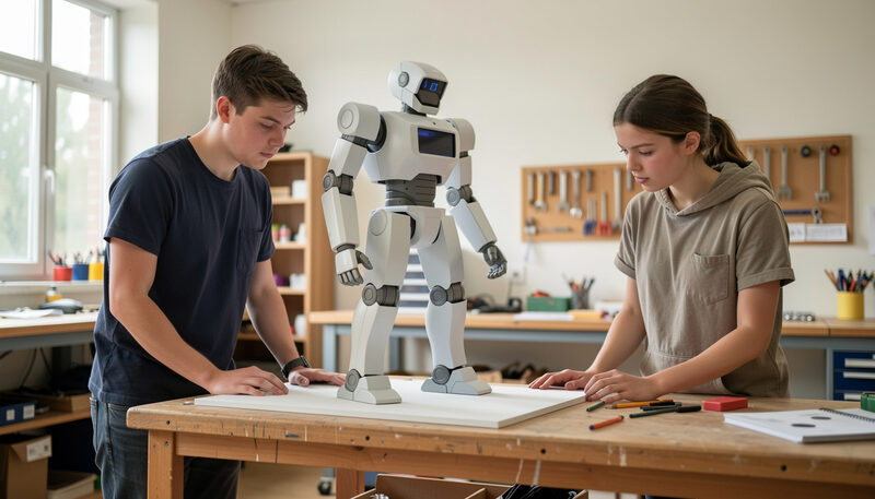 Due studenti che esaminano un grande modello di robot su un tavolo in un laboratorio universitario luminoso