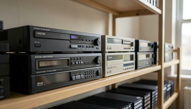 Scaffale di videocassette con custodie colorate in un negozio di noleggio anni ottanta