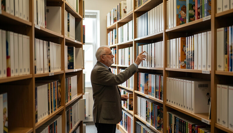 Scaffale di libreria con albi manga e volumi illustrati allineati in una stanza luminosa