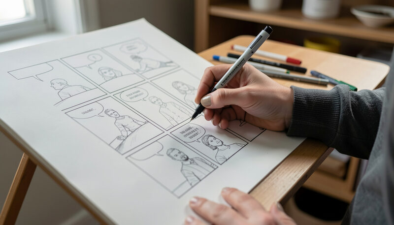 Scrivania di disegnatore con tavole originali pennini e calamaio vicino a una lampada